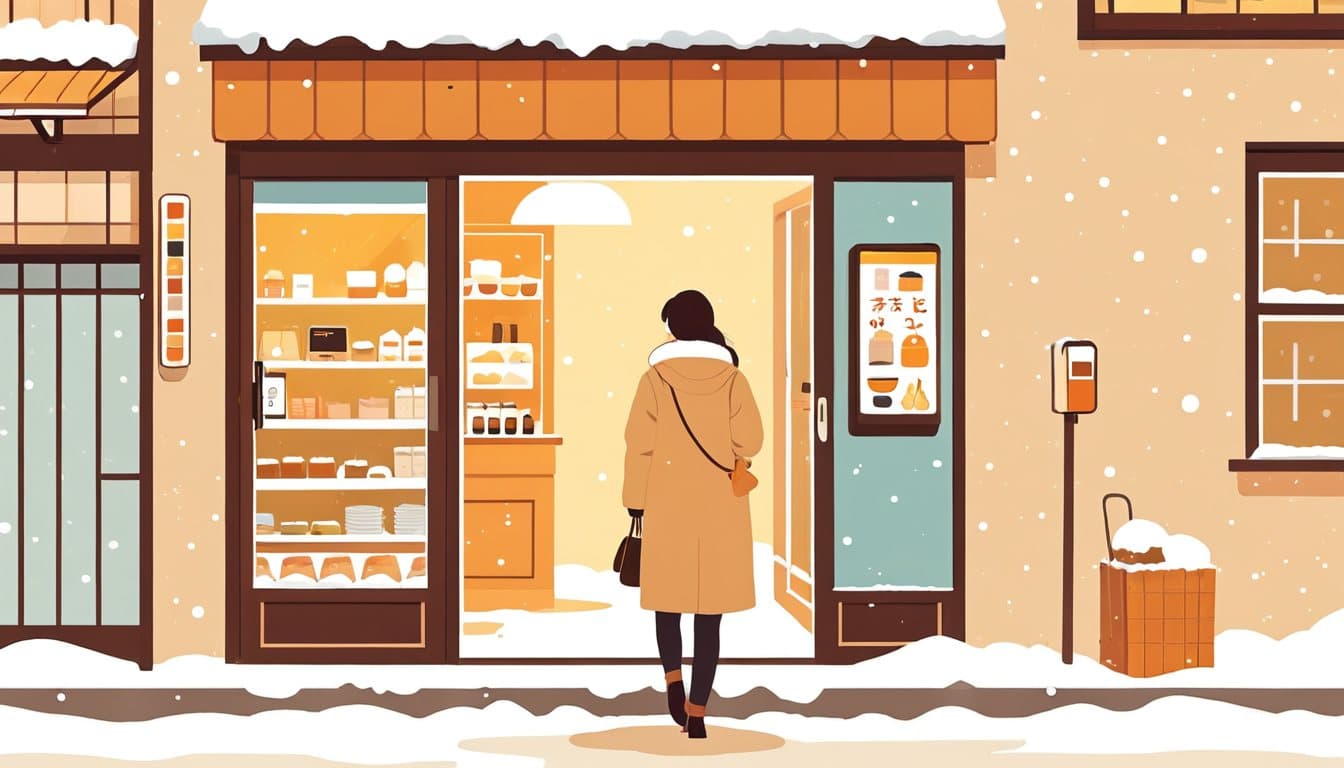 雪の積もった通りで、店の前に立った旅行者がスマートフォンの画面と店の入り口を交互に見ている場面