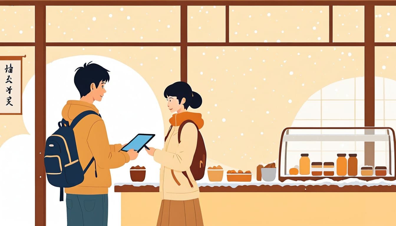 カウンター越しに、店主が旅行者へ画面を見せながら案内している場面