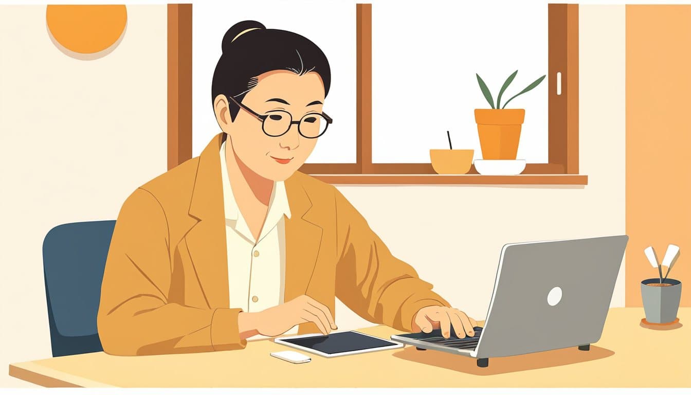 事務所の机で、自分の会社のホームページをスマートフォンで開いて操作を試している事業主