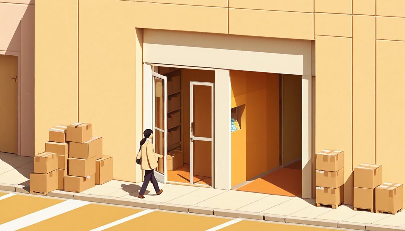 広く開いた正面の入口から楽に入る店主と、荷物で半分ふさがった小さな裏口