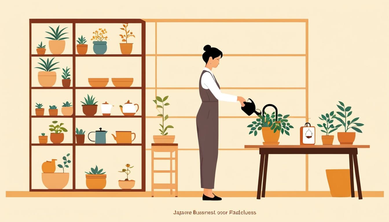 小さなサーバー箱の横で、鉢植えに水をやりながら南京錠を確かめている店主