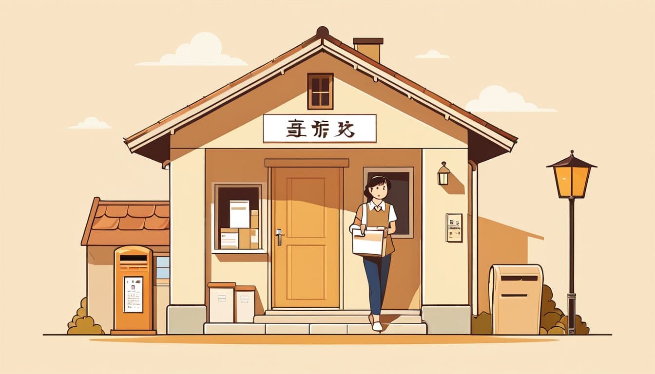 古い小さな家から新しい家へ書類と写真の段ボールを運ぶ店主と、同じ場所に残っている郵便受け