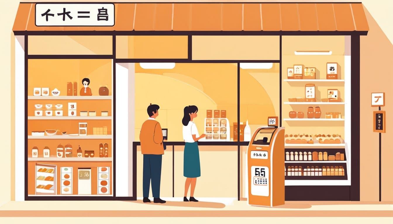 店の外で通行人を数える人と、店内のレジからお客様の動きを見ている店主