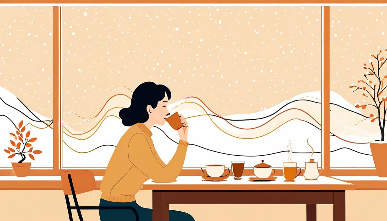 窓の外に雪が降る中、壁に貼った波のある折れ線グラフを気にせずお茶を飲んでいる事業主