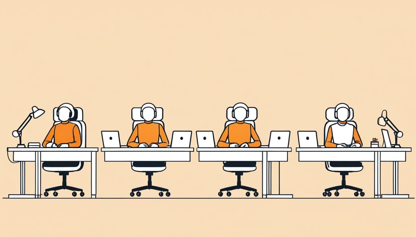 5つの工程が横一列に並び、真ん中の2つは小さなロボットが手伝って速く進み、両端は人が腕を組んで考え込んでいる様子