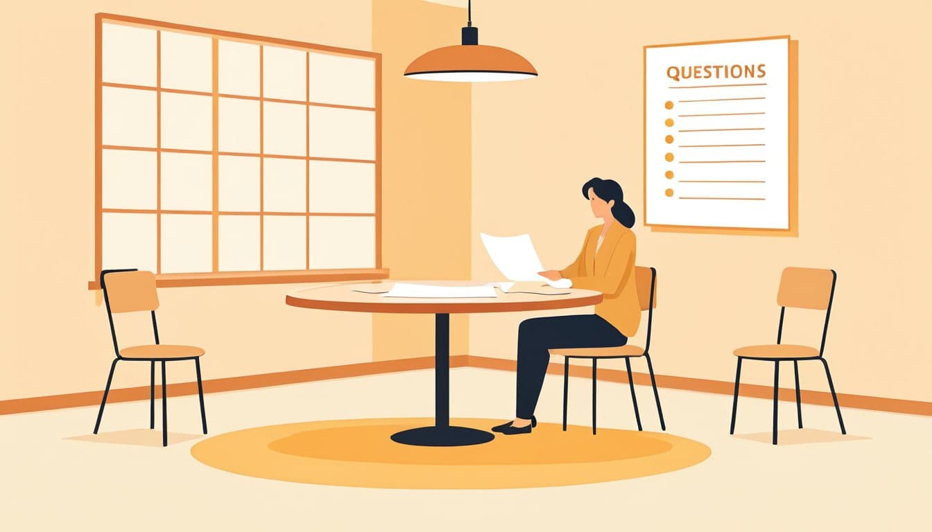 質問を書いた紙を持つ事業主の向かいに、誰も座っていない打ち合わせ用の椅子がある静かな会議室