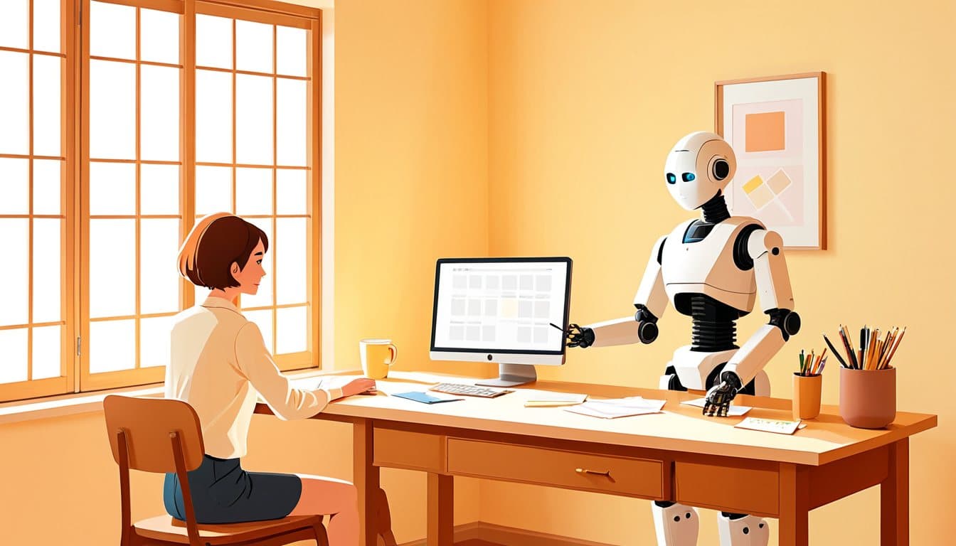 事業主と小さなロボットが机を並べ、ロボットは画面の部品を組み立て、事業主は写真とメモを広げている様子
