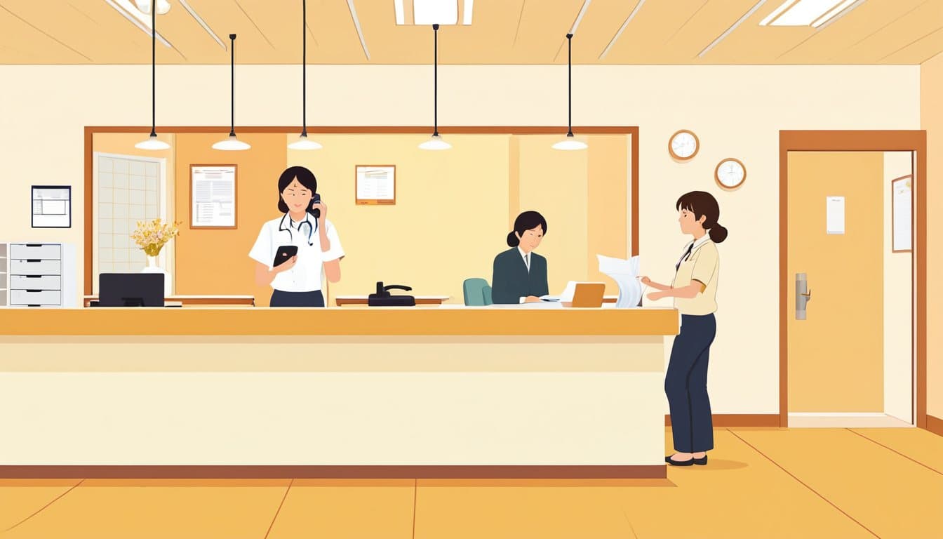 小さな診療所の受付カウンターで、電話の受話器を持ちながら書類を整理しているスタッフと、待合の椅子に座っている数人