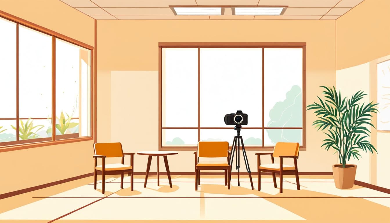木の椅子と観葉植物が置かれた明るい待合室に、三脚に載せたカメラを向けて撮影の準備をしている様子