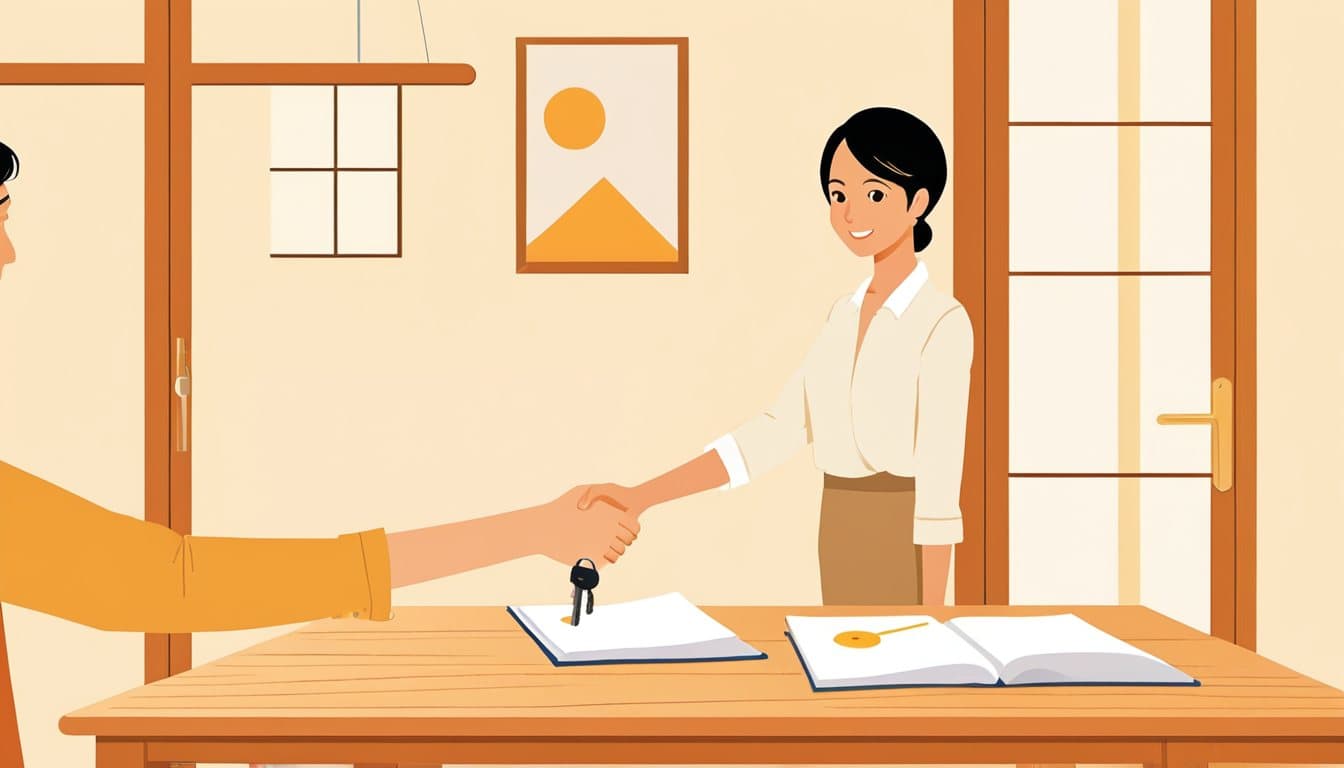 家の鍵を持つ事業主と、管理用の書類ファイルを持つ制作担当者が机を挟んで握手している