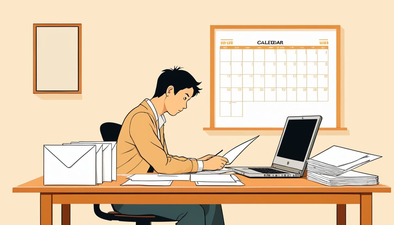 真っ白な画面のノートパソコンの前で困っている事業主。机には未開封の封筒が積まれている