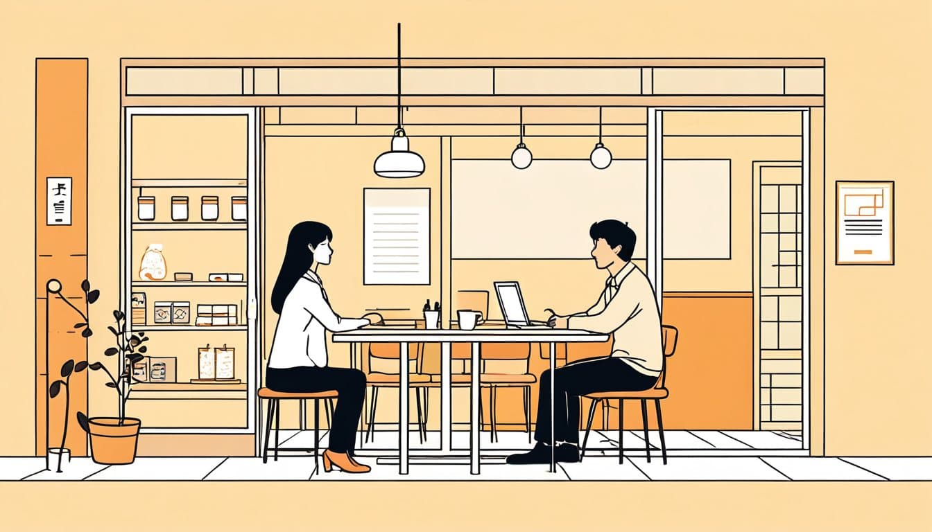 事業主と制作者が向かい合って話す場面と、窓口担当を介して制作チームに伝わる場面