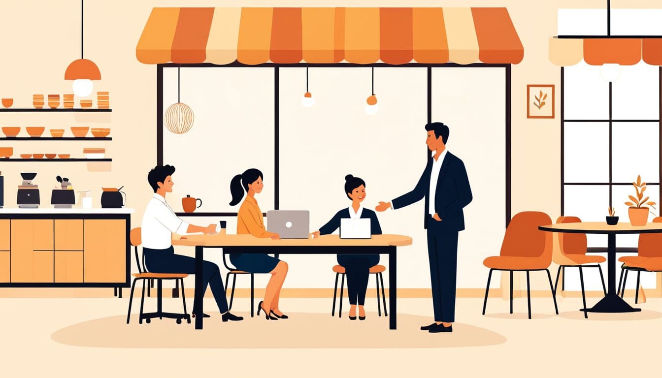 小さな店の店主が1人の制作者と握手する場面と、大きめの会社の担当者が制作チームと打ち合わせする場面