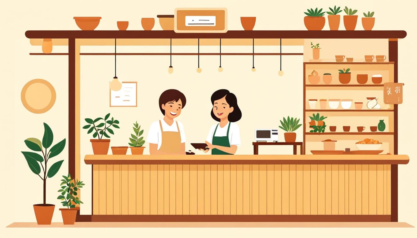 会計のカウンター越しに、笑顔のお客様へ短く頼みごとをしている店主