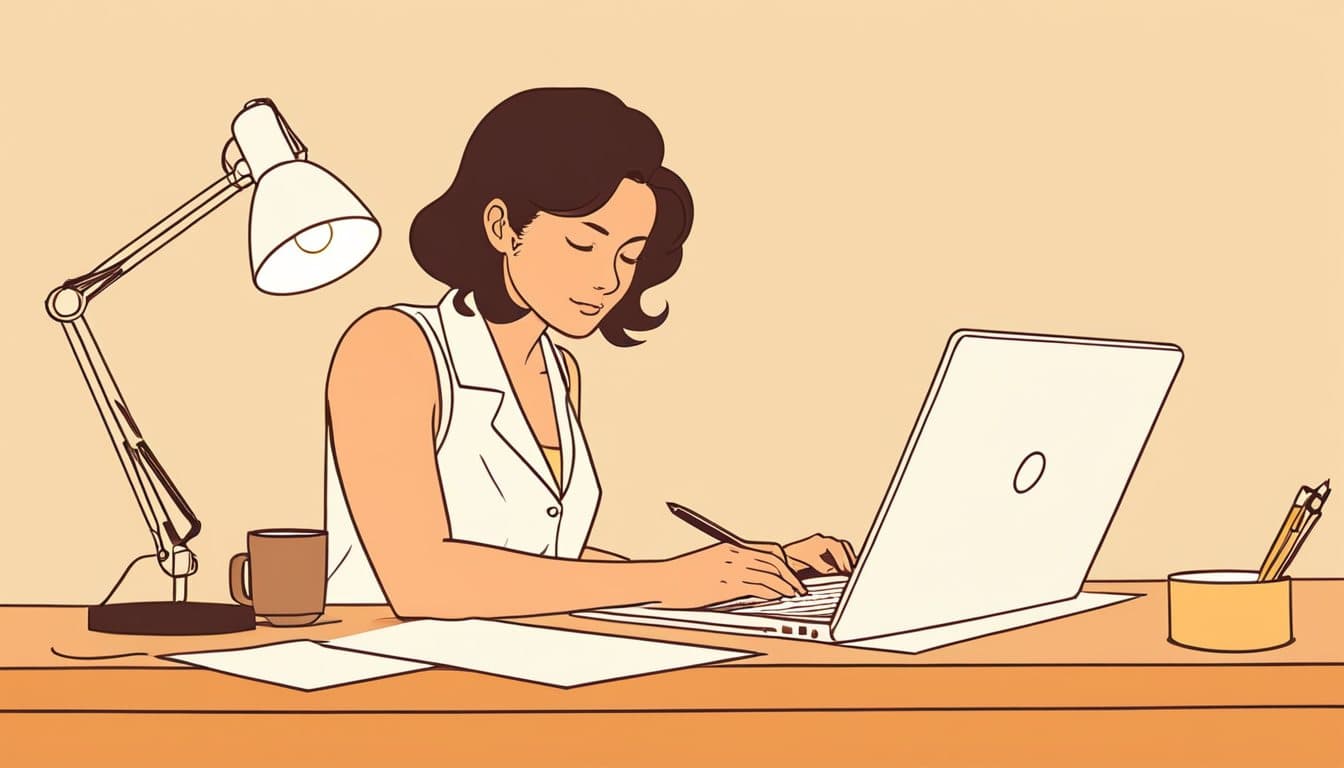 事務所の机で、紙の下書きを見ながらパソコンで口コミへの返信を書いている事業主