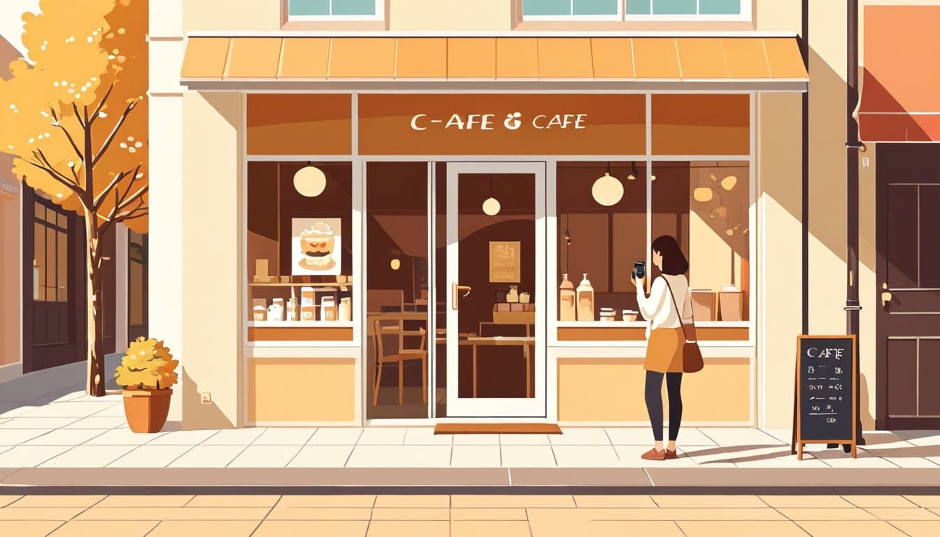 晴れた日に店の入口をスマホで撮影している店主