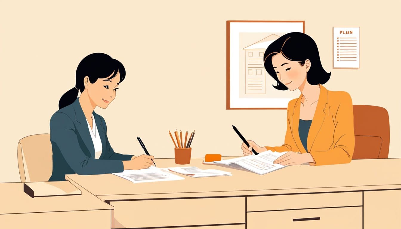 商工会議所の窓口で、相談員と向き合って経営計画を相談している事業主