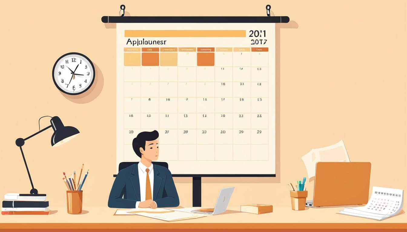 壁のカレンダーと時計を見ながら、採択の発表を待っている事業主