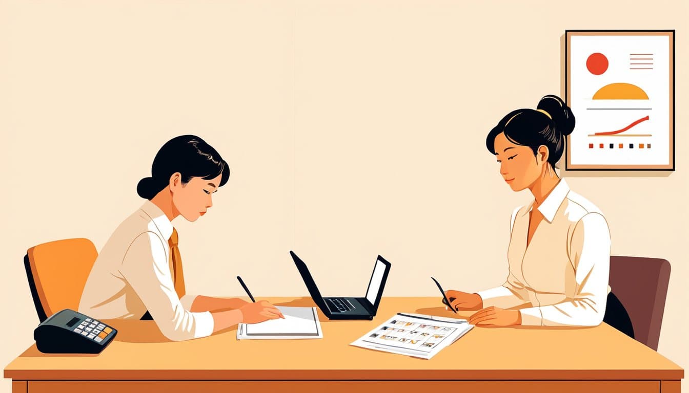 見積書と電卓を前に、制作費と手元資金を落ち着いて計算している事業主