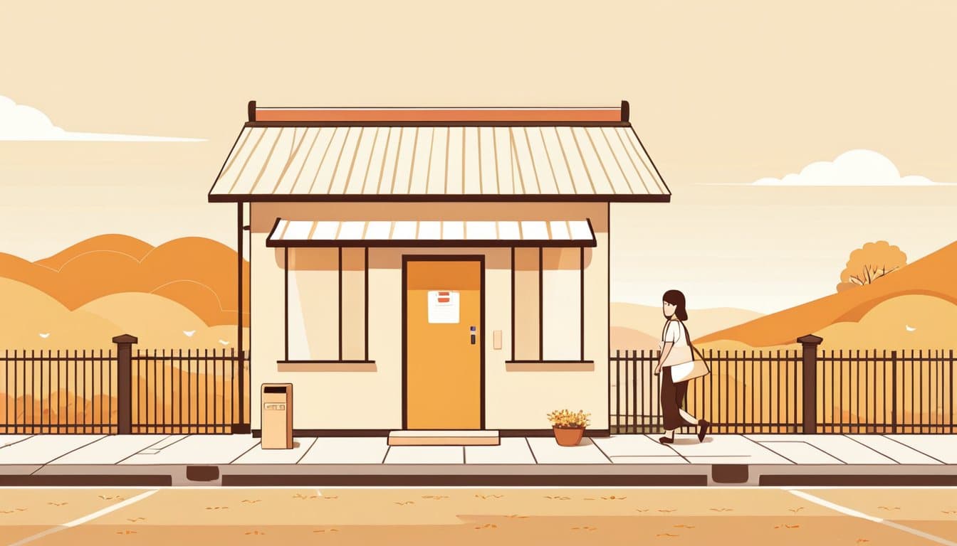 小さな区画の土地に建つ店と、門の前の郵便受け