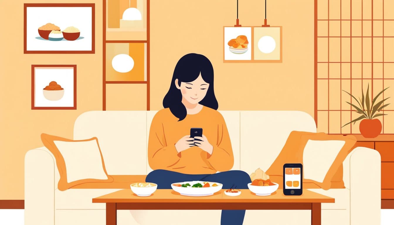 スマートフォンでお店のメニューと価格を見ながら、来店するかどうか考えている人