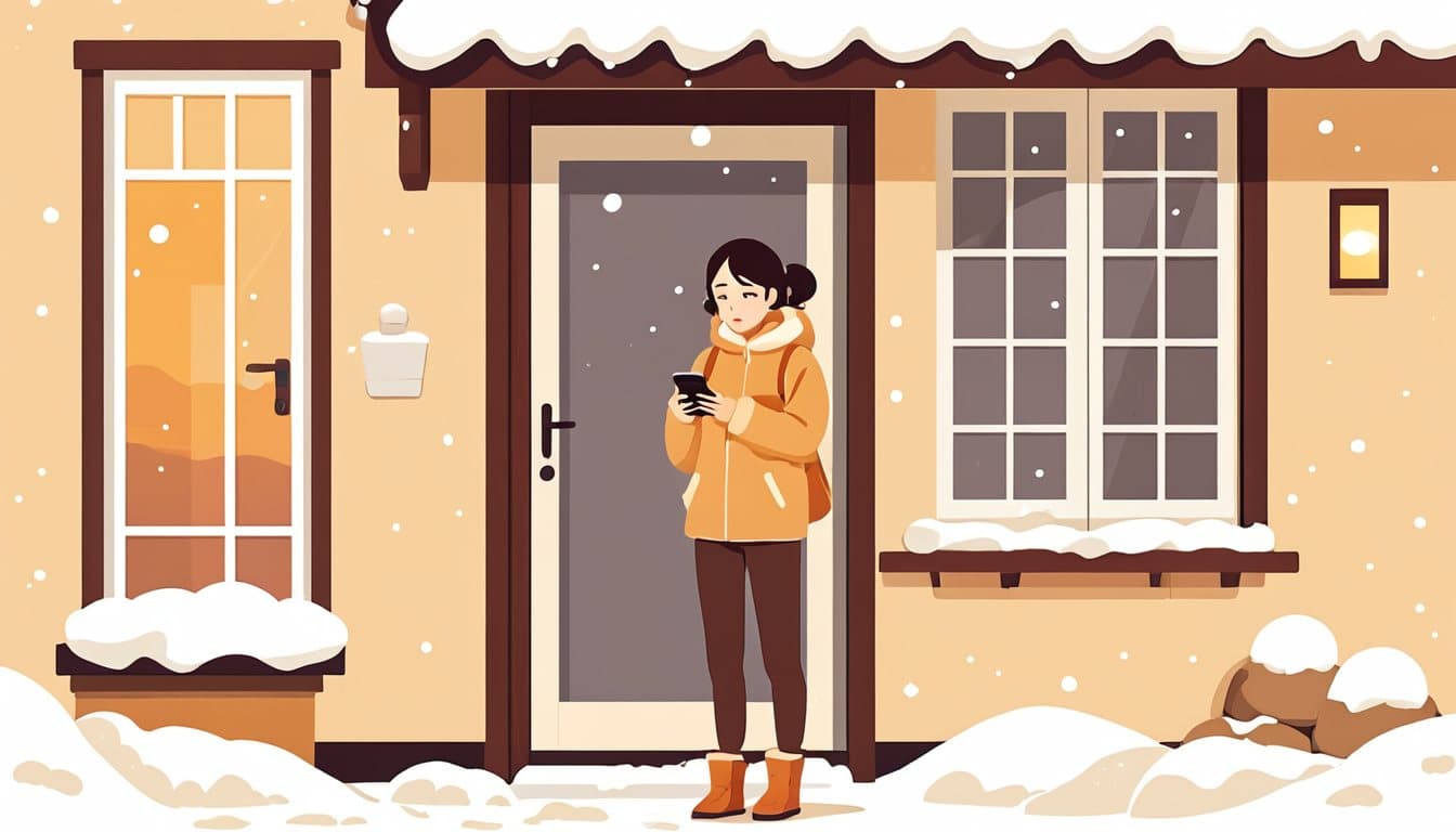 早朝、腰まで積もった雪の中で玄関先に立ち、スマートフォンを見ている住人