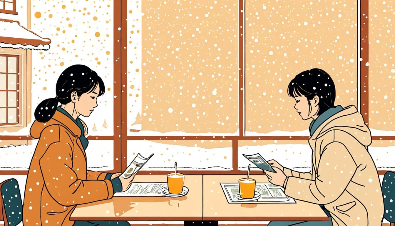 雪が降りしきる窓辺のこたつで、2枚の案内を並べて見比べている住人