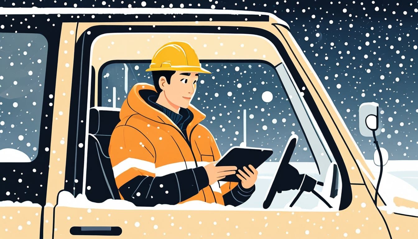 降雪の夜、トラックの運転席でタブレットの巡回リストを確認している作業員
