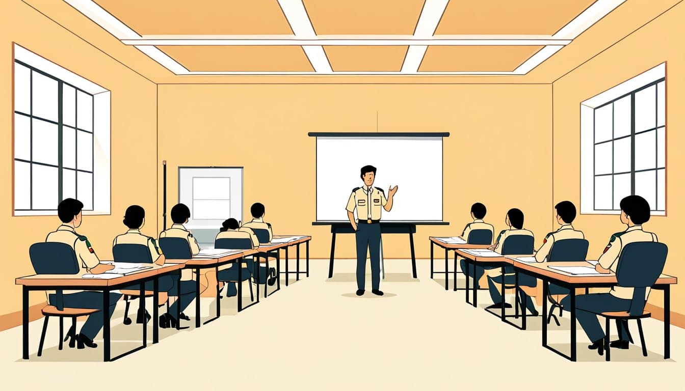 研修室で、講師の手信号の実演を見ている制服姿の隊員たち