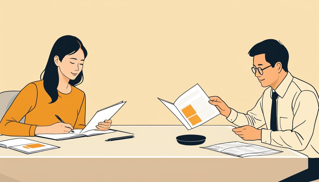 会議机ごしに会社案内の資料を上司へ渡し、上司がペンを持って目を通している場面