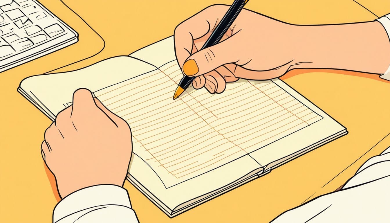 見積書の項目を指でなぞりながら、ノートに書き写している事業主