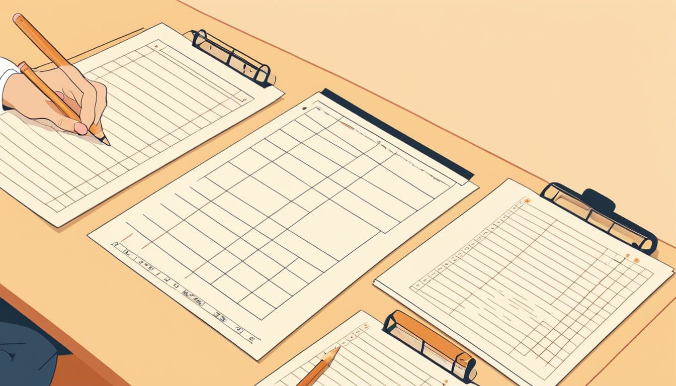 1枚の条件メモの横に3社の見積書を並べ、項目ごとに線を引いて比べている場面