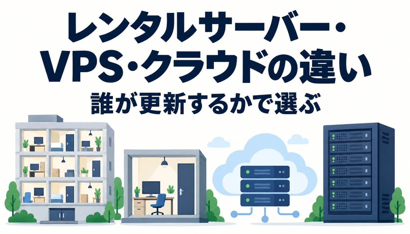 「レンタルサーバー・VPS・クラウドの違い 誰が更新するかで選ぶ」の文字と、共用の建物・個室・雲・サーバーラックのイラスト