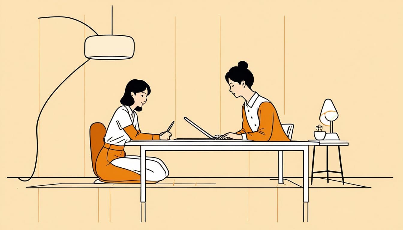 1枚の書面を挟んで、項目を一つずつ確かめている事業主と制作担当者