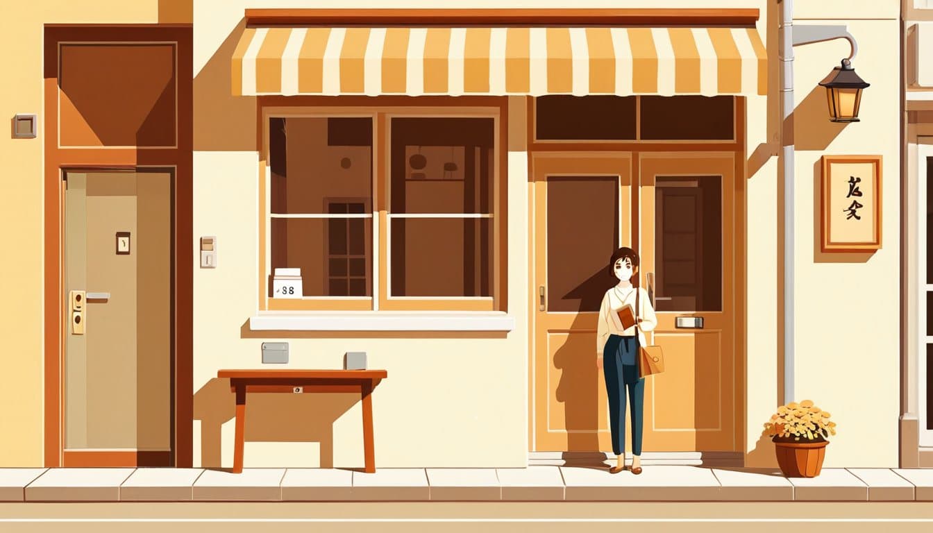 店の前で鍵を手にしている店主