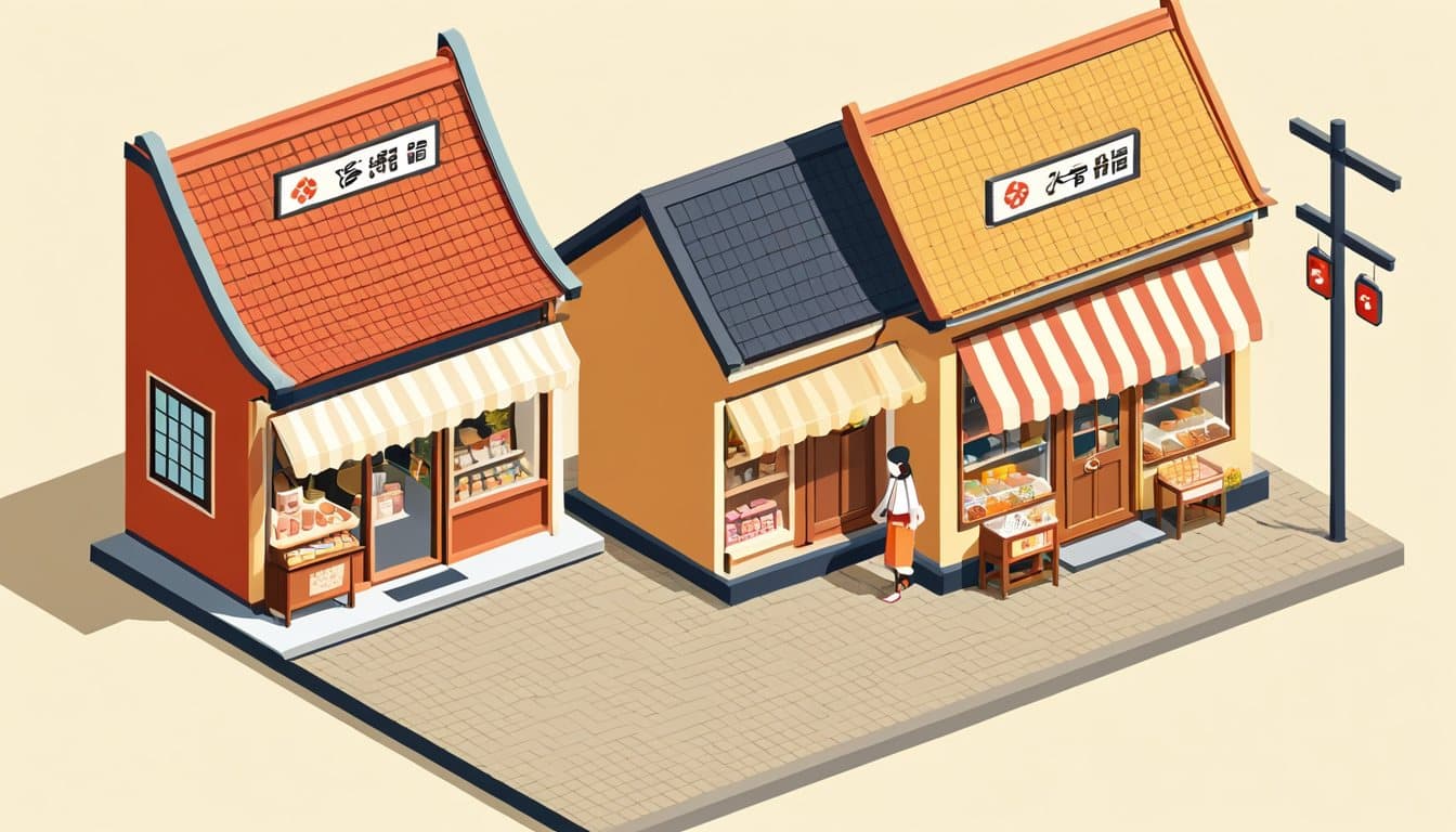 出来合いの小さな売店と、増築を重ねて広がっていく店を並べて眺めている店主