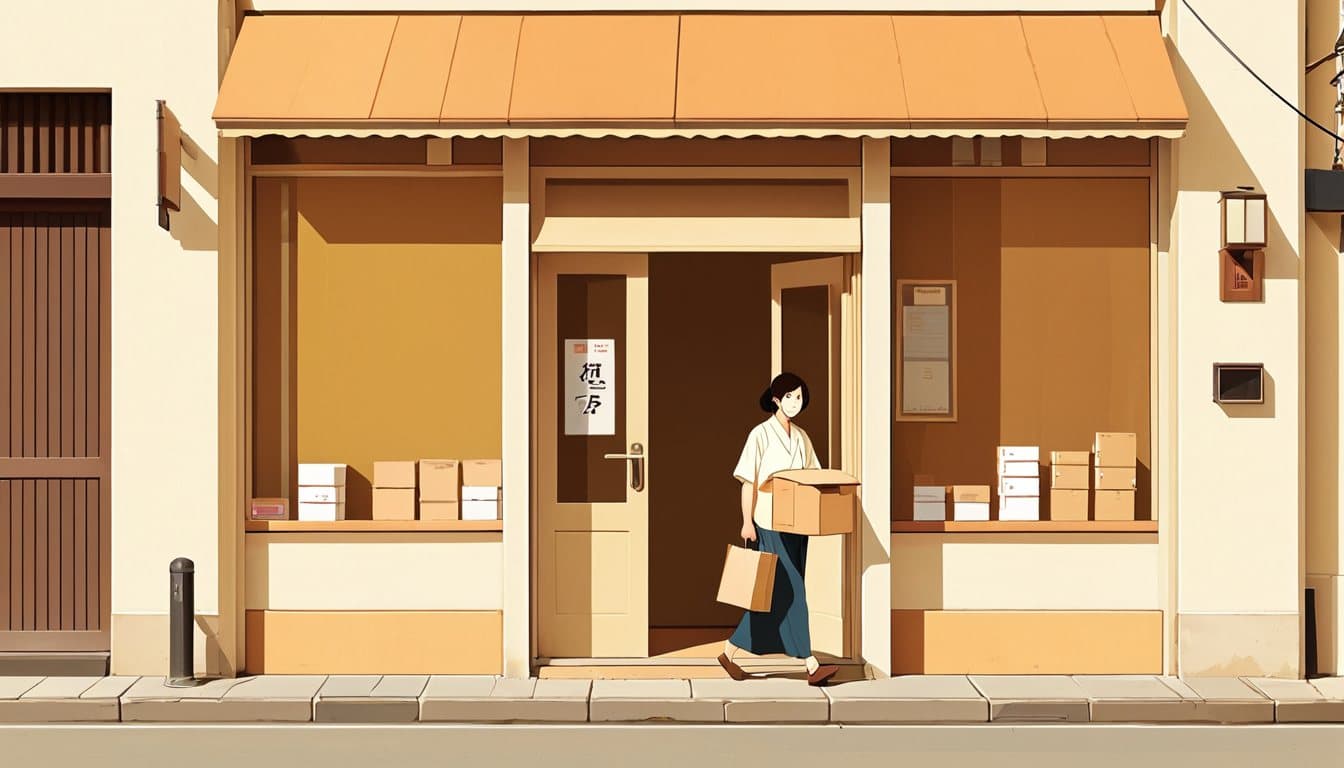小さな店から通りの向かいの大きな店へ段ボール箱を運ぶ店主。いくつかの箱は元の店の前に残されている