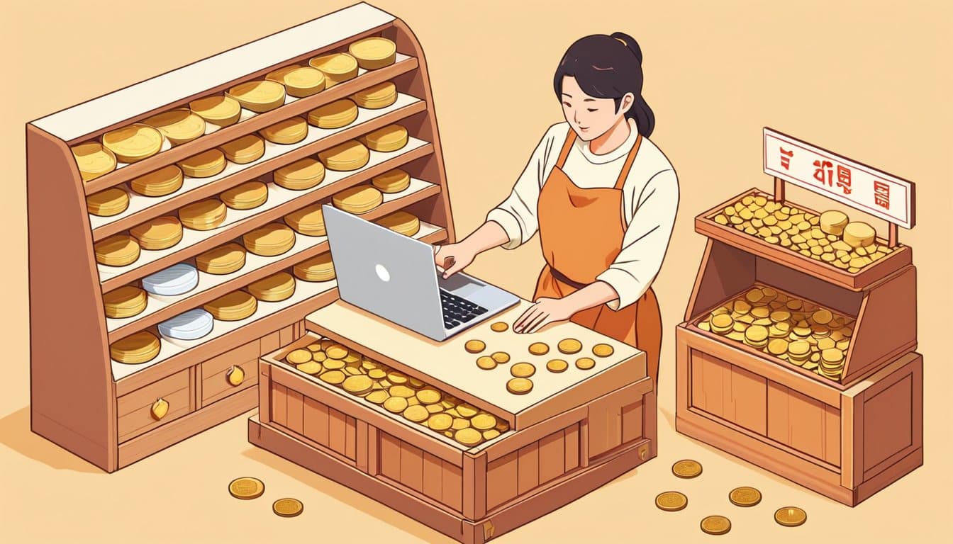 店主が硬貨を3つの箱に分けて仕分けている様子