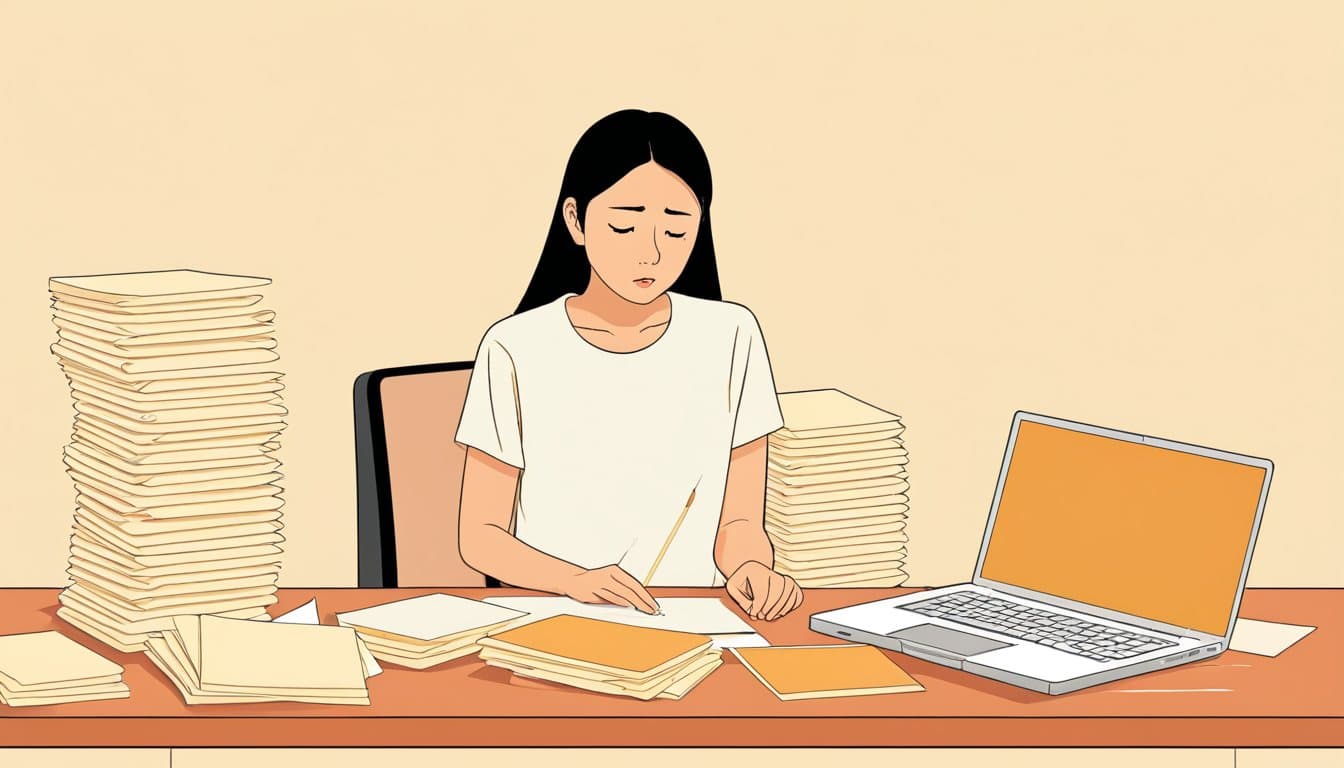 店主がノートパソコンの横で、小さな請求書が積み重なっていく様子を見ている