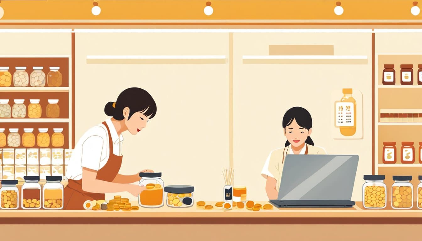 店主が硬貨を2つの瓶に分けて入れている。片方はパソコンの横、もう片方はメガホンの横