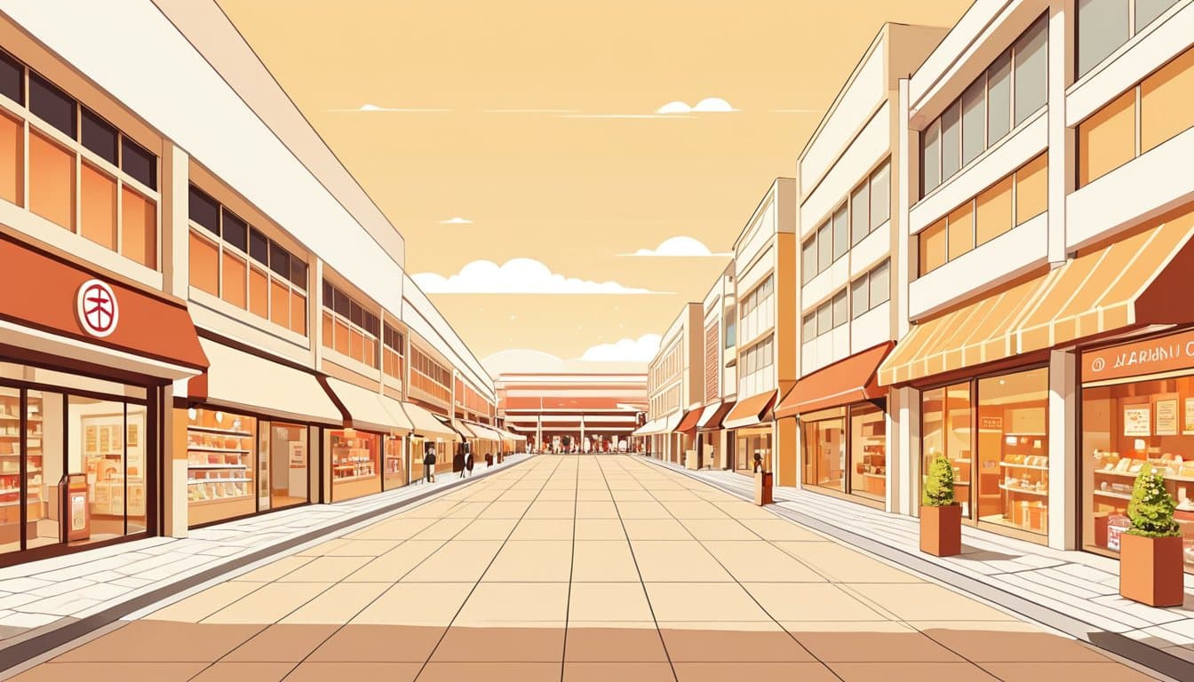 人が集まる大型モールと、通りに面した小さな路面店を左右に並べた図