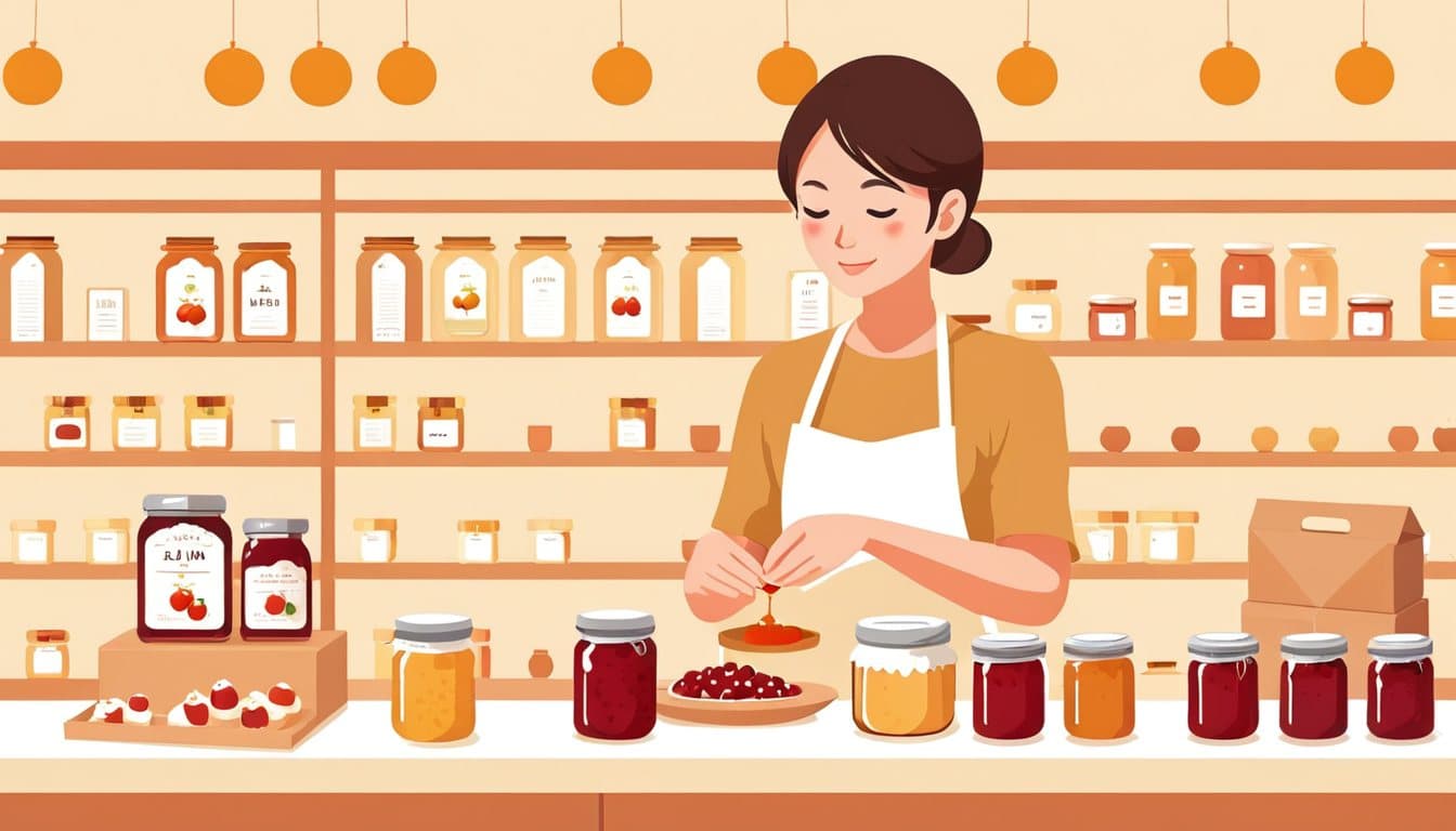店主が手作りジャムの瓶をギフト箱に詰めている。カウンターには小さな地球儀が置かれている