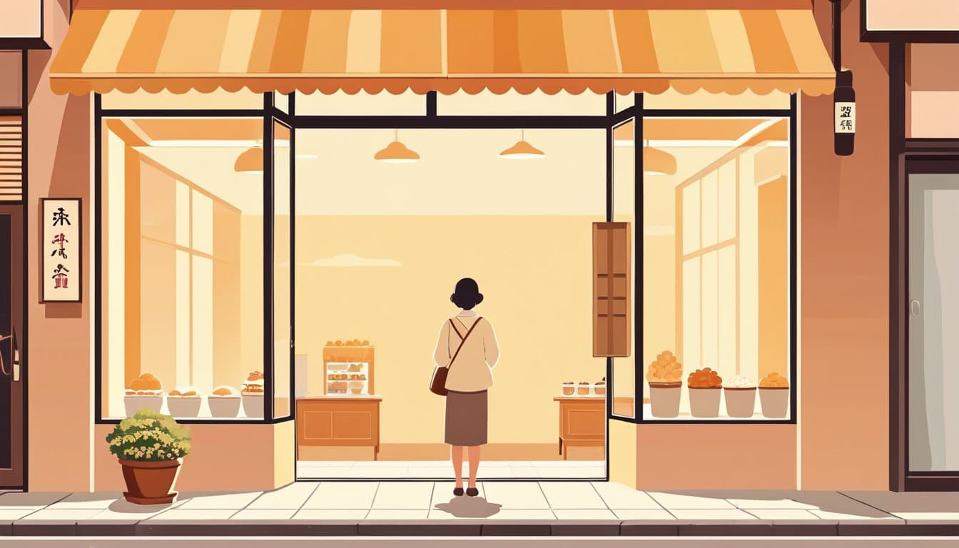 開店したばかりの路面店の入口で、人通りのない通りを眺めている店主