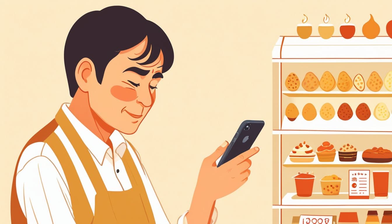 スマホを顔に近づけ、指で画面を広げながら小さな文字を読もうとしている店主