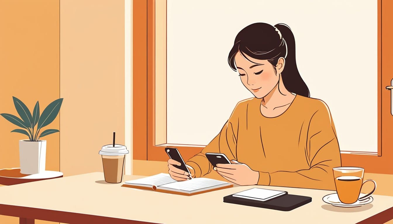カフェの席で自分のスマホを親指で操作しながら自社サイトを確かめている事業主