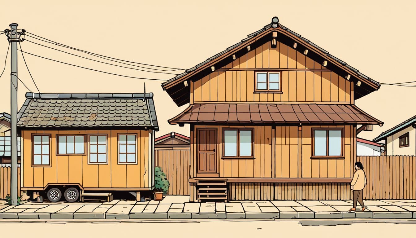 継ぎはぎの修理だらけの古い木造の家と、隣に建つ新しい小さな家を通りから見比べている人