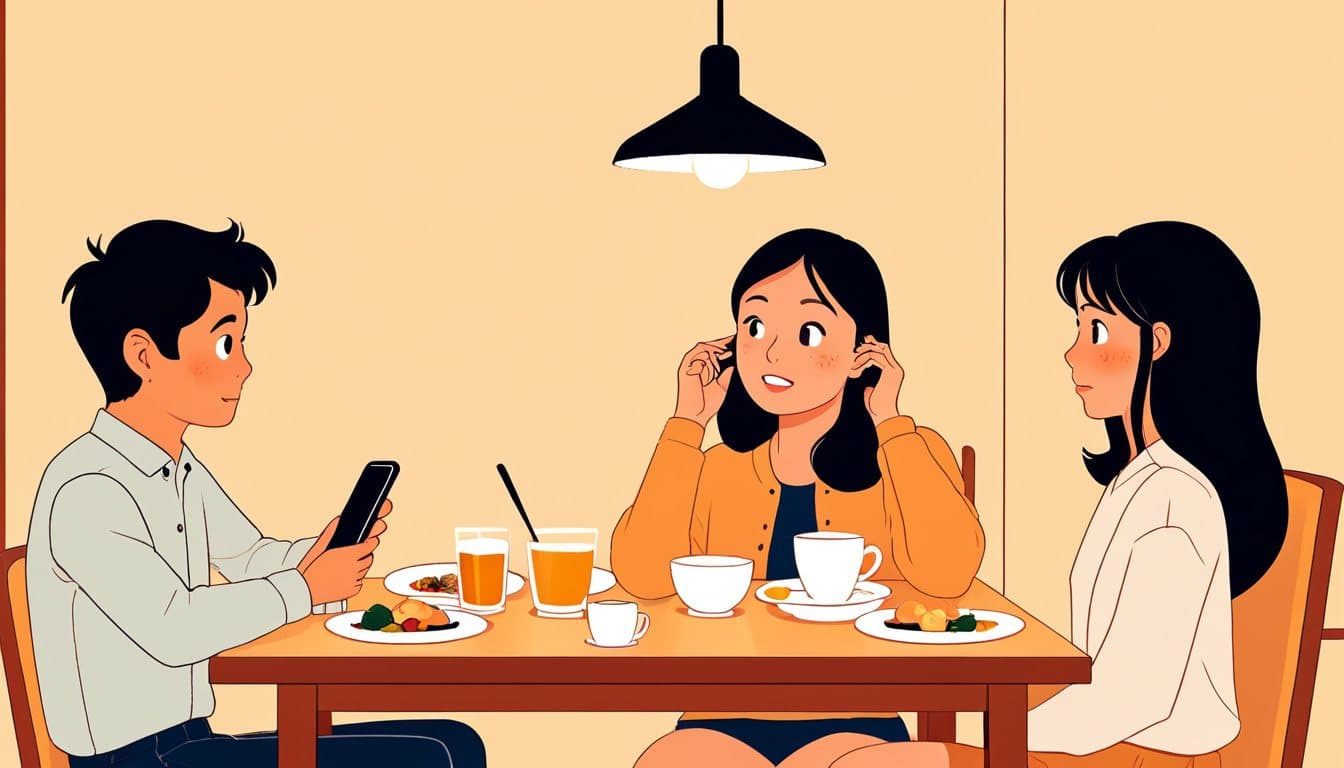 食卓でスマートフォンの画面を家族に見せ、見せられた側が首をかしげている