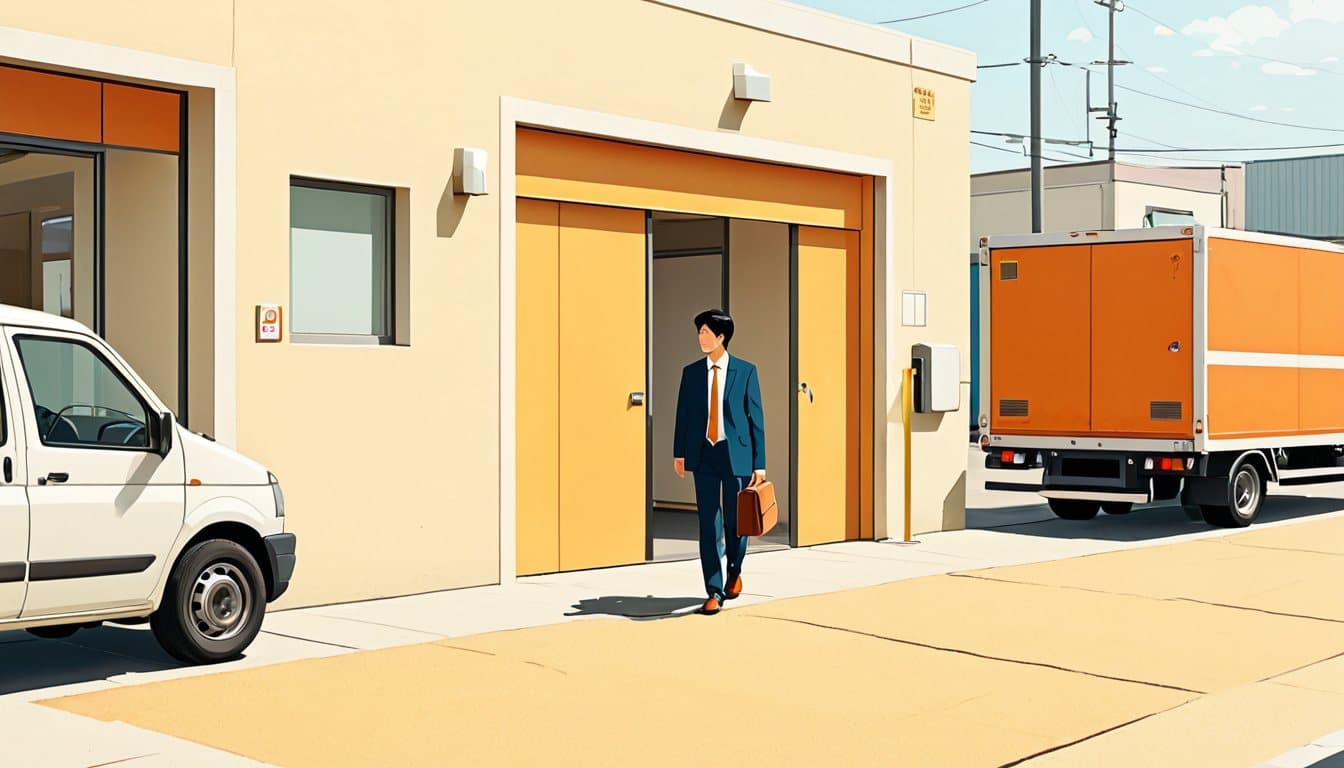 運送会社の事務所に「求職者向け」と「荷主向け」の2つの入口があり、それぞれの人が別の扉へ向かっている様子