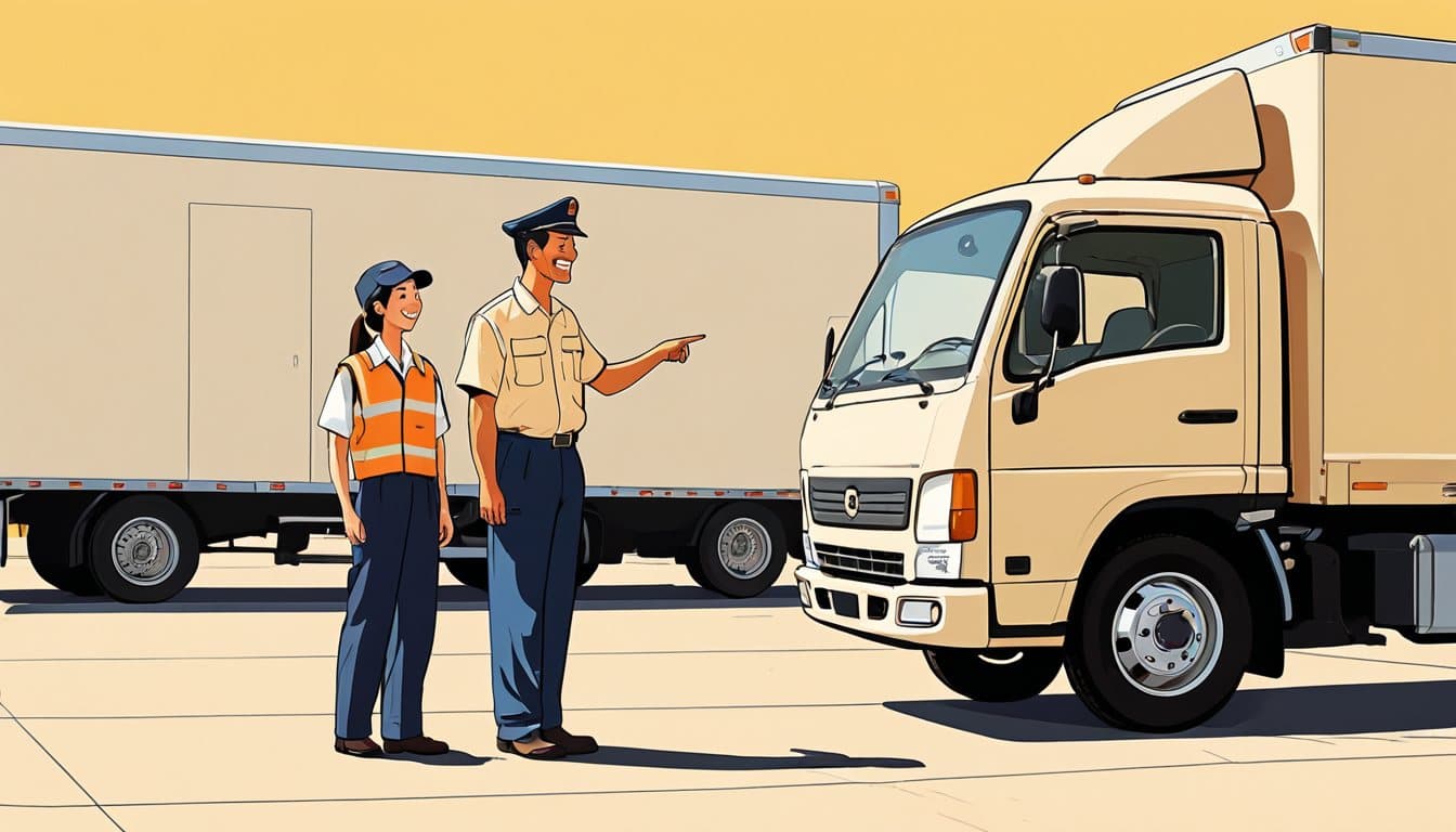 車庫に停めたトラックの横で、先輩ドライバーが若い応募者に仕事の話をしている様子